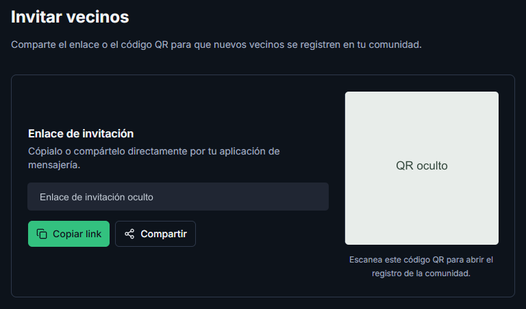 Invitación a la comunidad mediante enlace y código QR