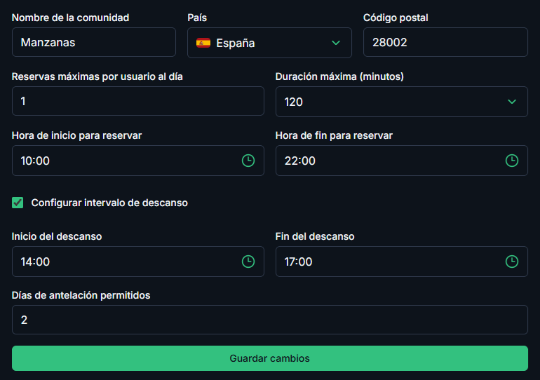 Horarios y reglas de reserva de la comunidad