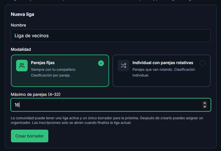 Selección de modalidad: parejas fijas o rotativas